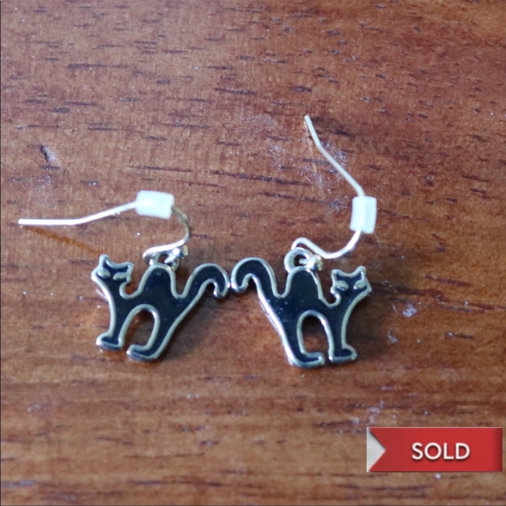 SOLD! Gold earrings with enameled black cats